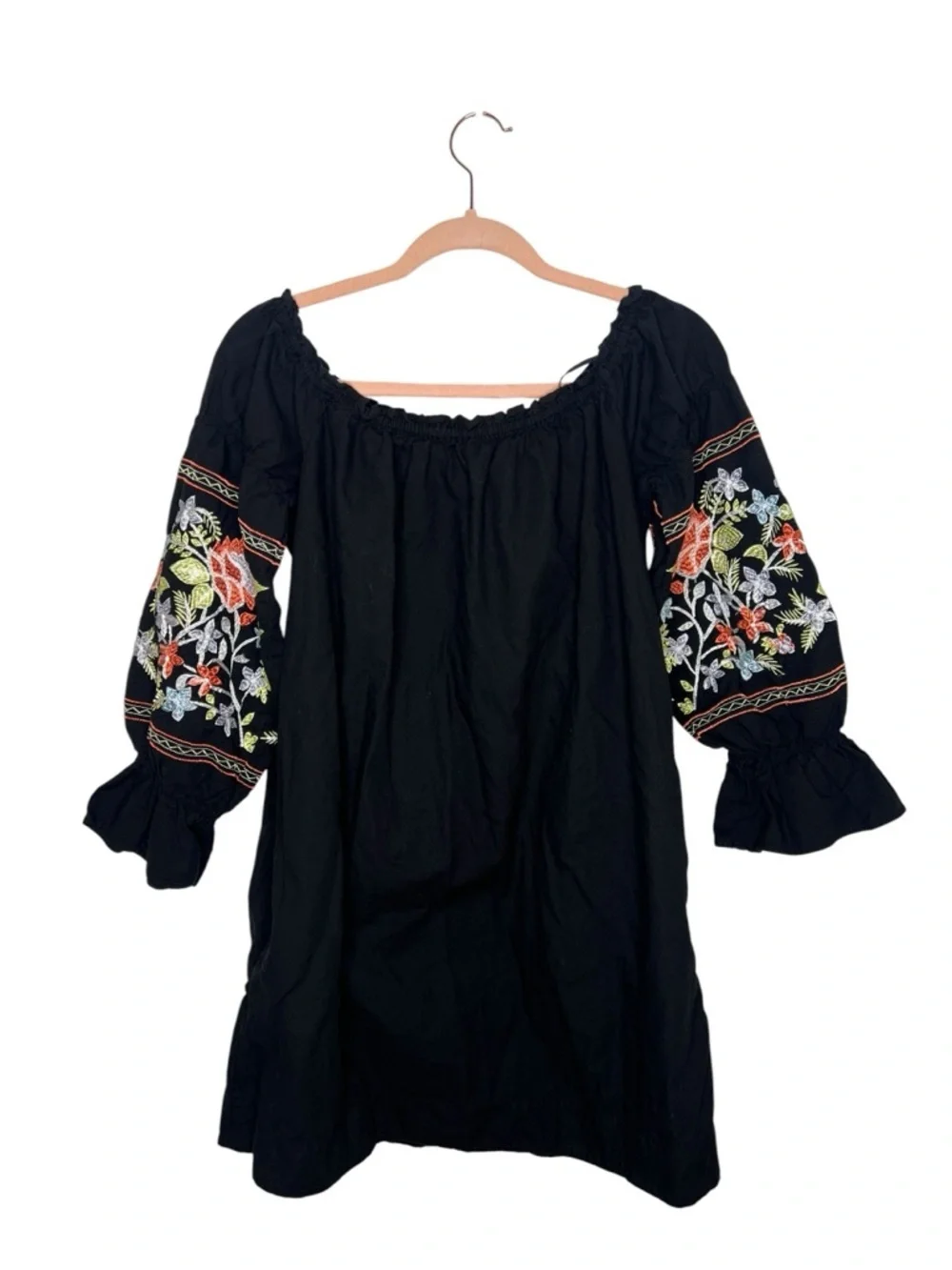 Free People Fleur Du Jour Embroidered Mini Dress Black Boho Peasant Puff Sleeve